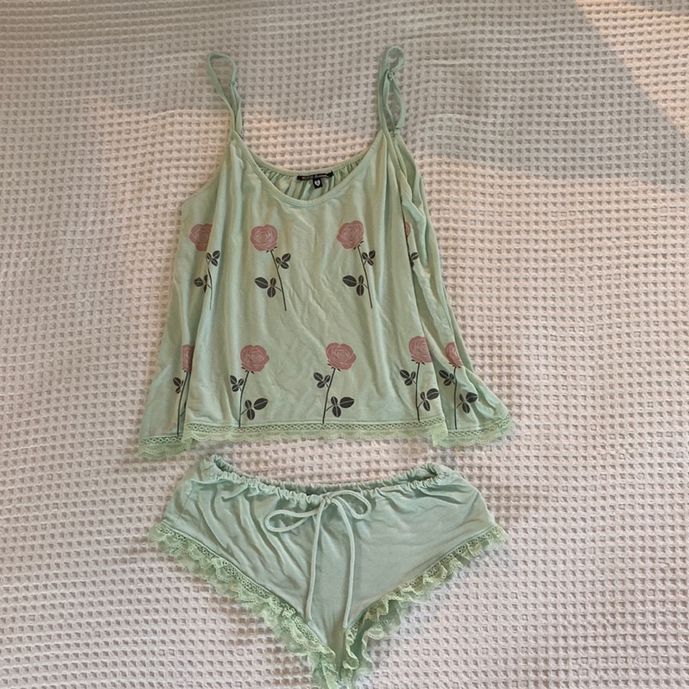 WILDFOX Intimates, rose print on aqua top. 2 piece set.